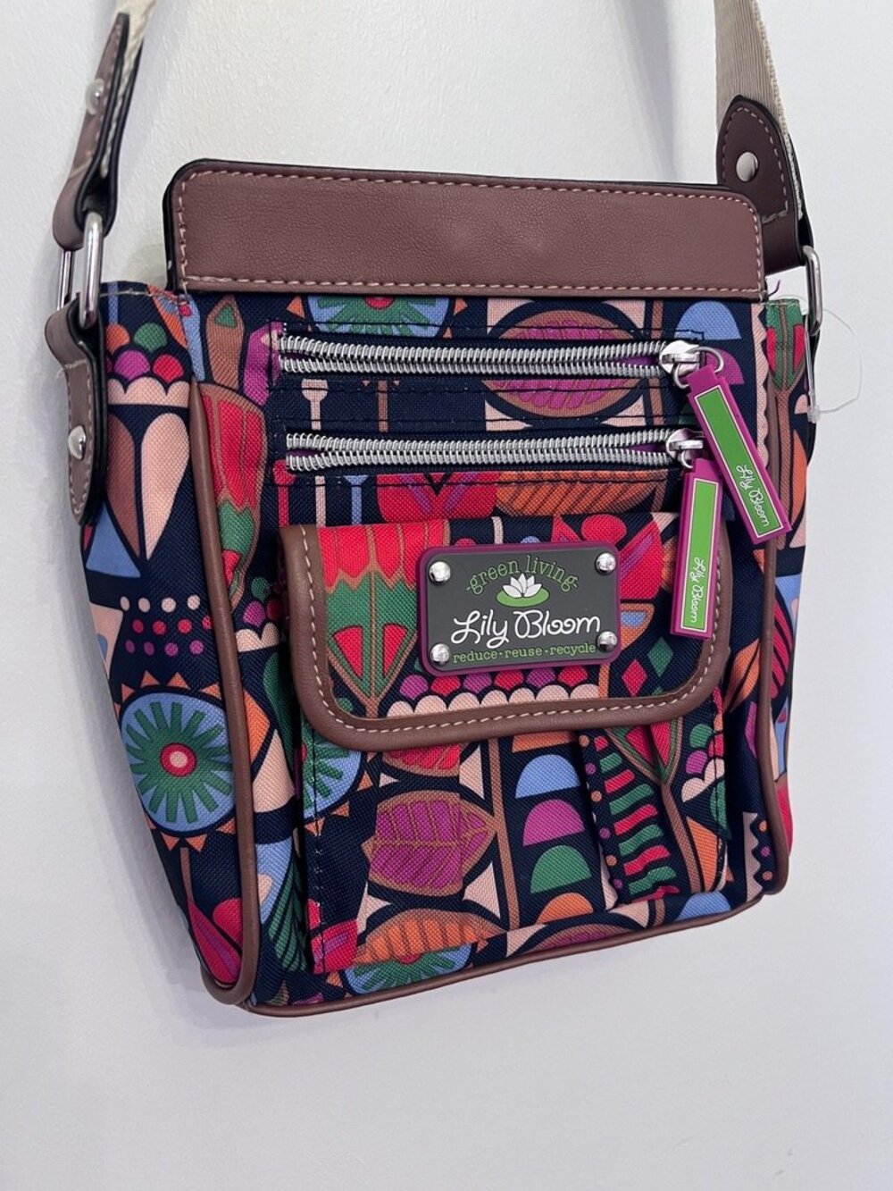 Lily Bloom "Green Living" Multicolor Geometric Floral Crossbody Bag
